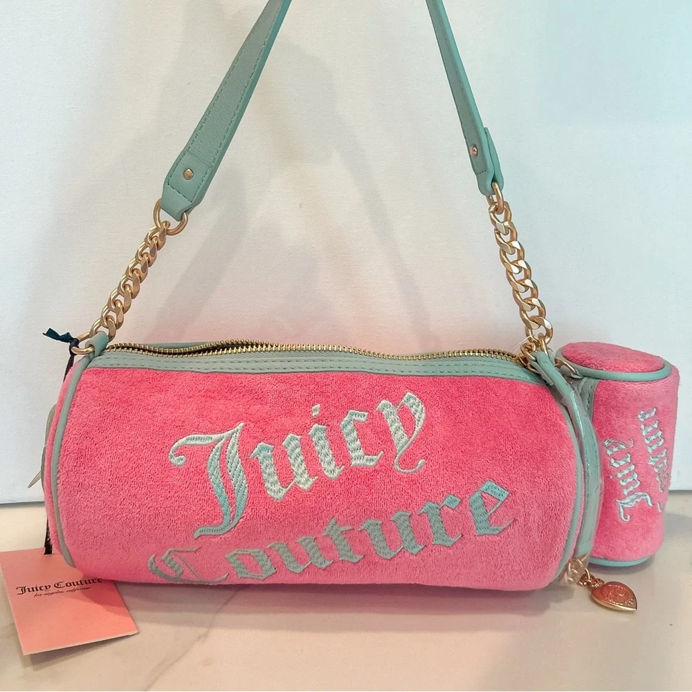 Juicy Couture Bag Pink Blue Terry Cloth Velour Barrel Shoulder Bag Set Y2K NWT
